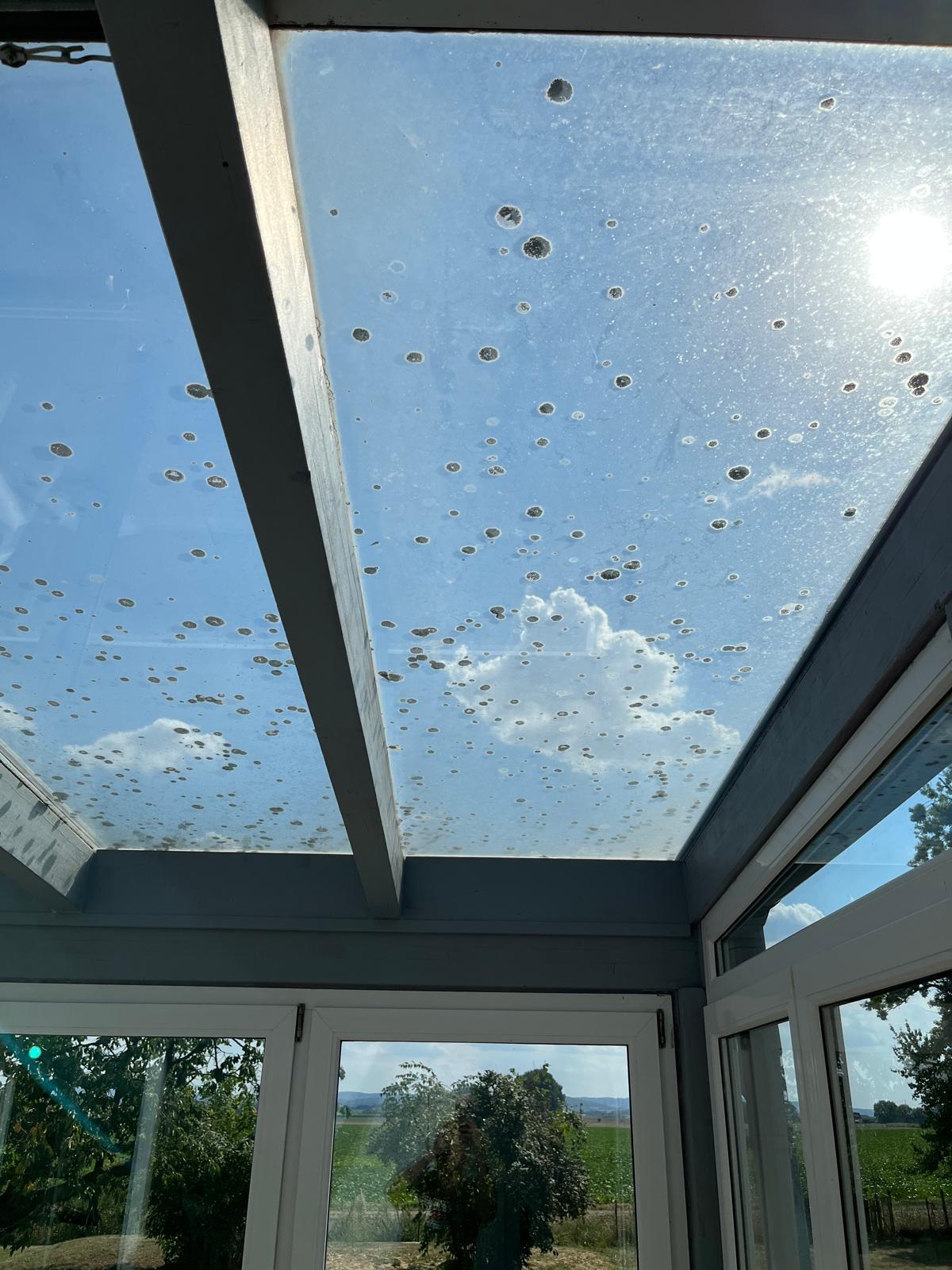 Stark verschmutzter Wintergarten mit Vogelkot und Kalkflecken auf dem Glasdach vor der Reinigung